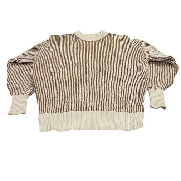 NWOT Aerie Brown and White Chunky Knit Crewneck Sweater Oversized XXS - Picture 1 of 7